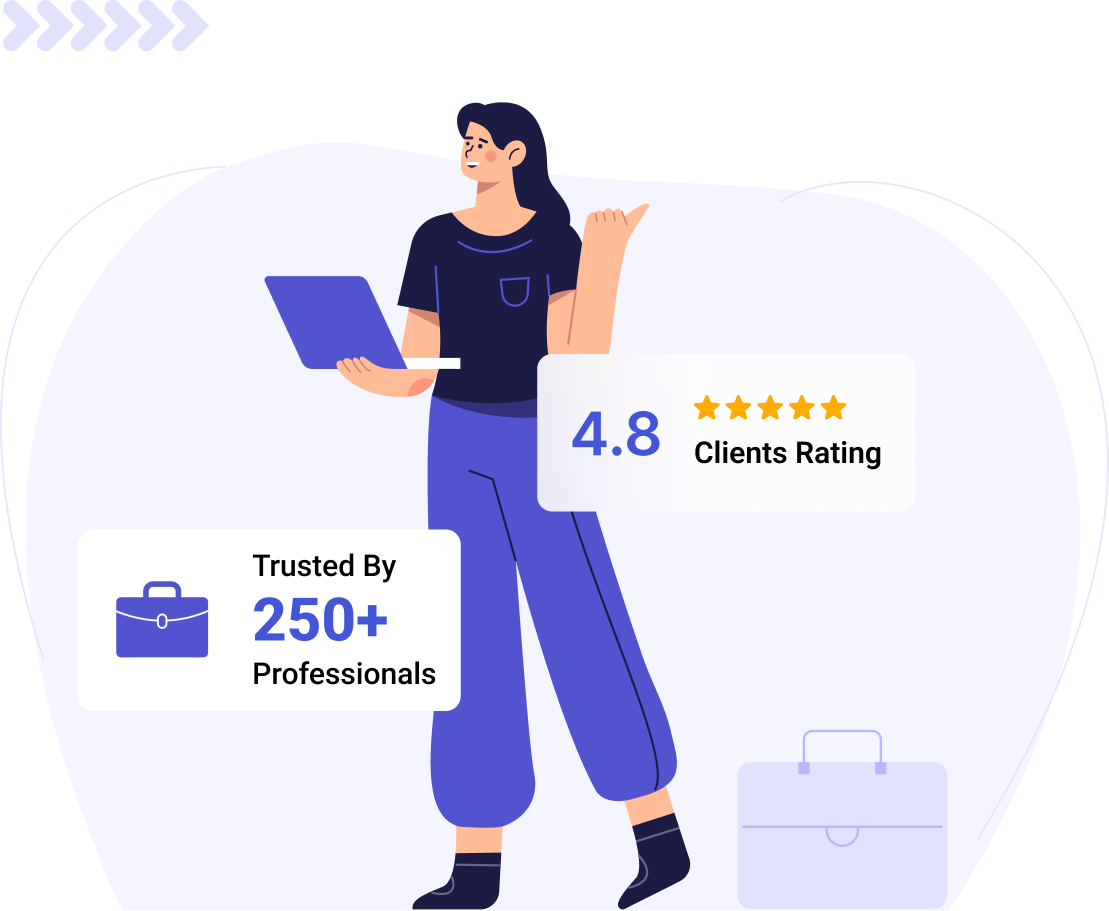 Tax consultant standing with laptop and trust metrics